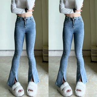 ( Ảnh Thật ) Quần jeans ống loe xẻ giữa màu xanh sáng tôn dáng