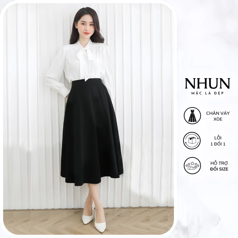 Chân váy dáng dài NhunFashion chân váy midi 12 tà thiết kế cạp chun sau dáng xoè ly chất liệu tuyết mưa dày dặn N133