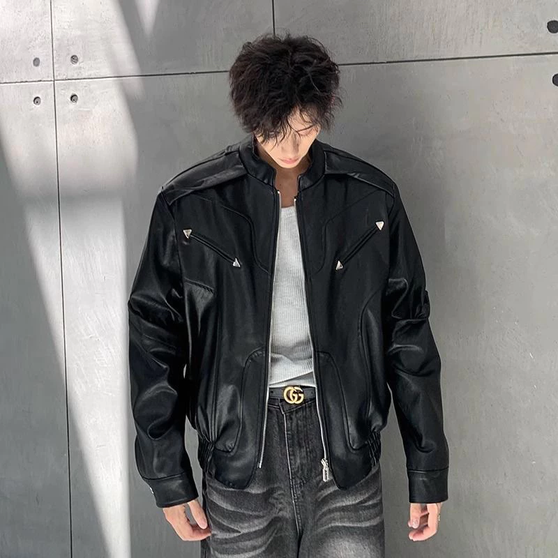 Áo khoác ngoài Biker form boxy dáng ngắn chất liệu da PU cao cấp hai màu trắng đen phong cách retro Mỹ