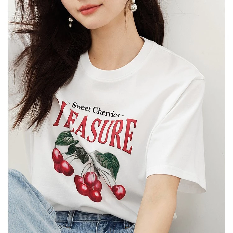 Áo thun nữ dáng vừa, áo phông nữ mùa hè cộc tay, cổ tròn, cotton 100% mềm mát, in CHERRY