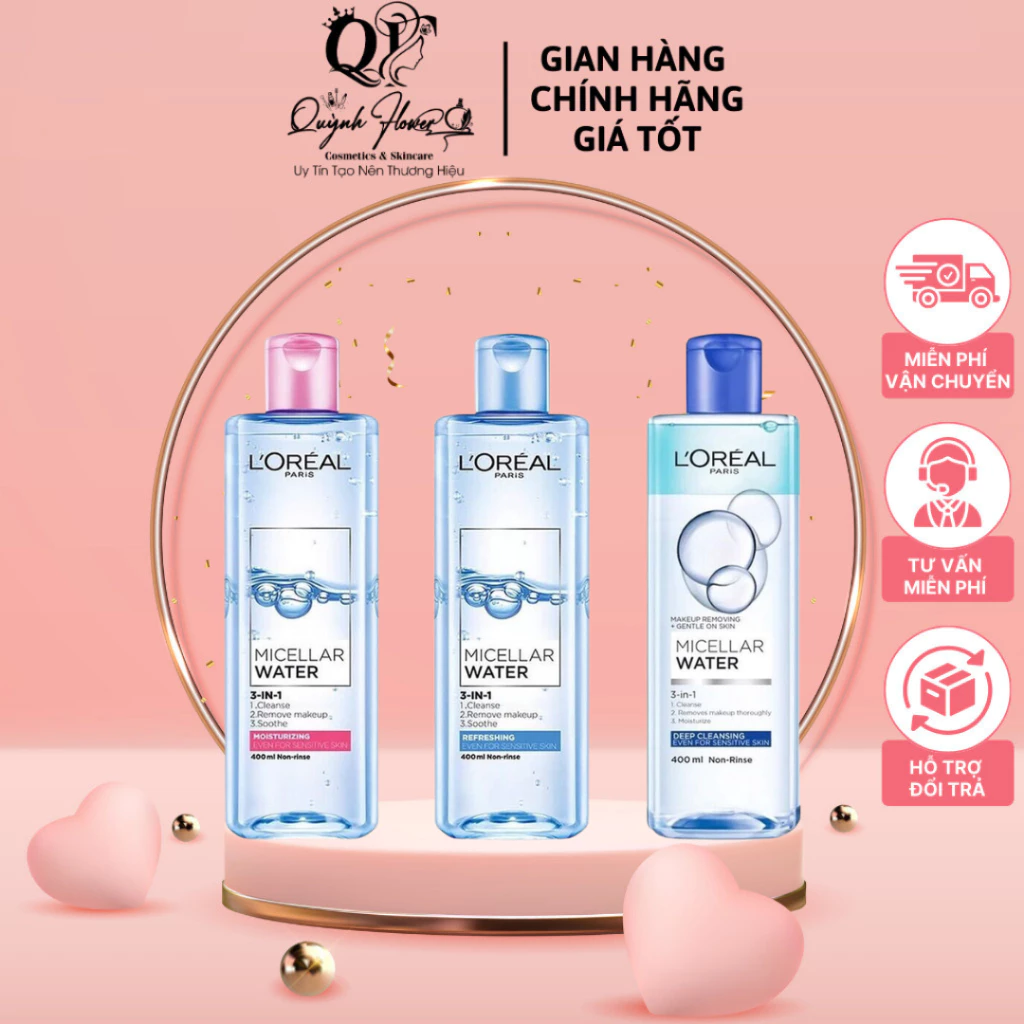 [QF60] Nước Tẩy Trang Loreal 3 In 1 Micellar Water 400ml  L'Oreal Dành Cho Mọi Loại Da, Làm Sạch Sâu, Dưỡng Ẩm