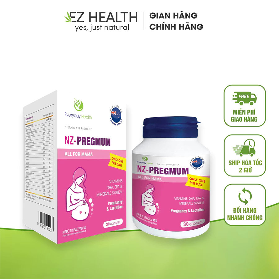 Viên bổ bầu Everyday health NZ-Pregmum Vitamin tổng hợp cho phụ nữ mang thai và cho con bú nhập khẩu new zealand hộp 30