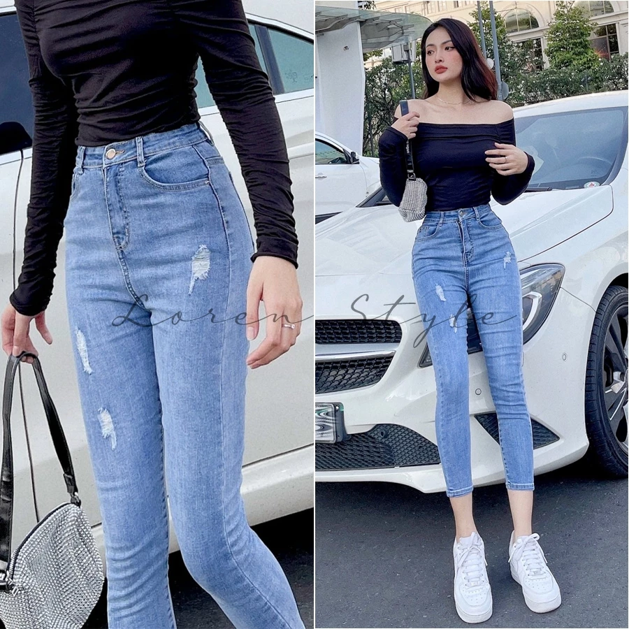 Quần jean skinny LOREN lửng lai tua xanh B5525