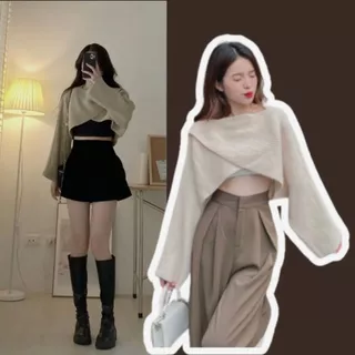 Áo sweater len croptop vạt chéo tay dài dáng ngắn basic phong cách Hàn Quốc đi chơi đi làm