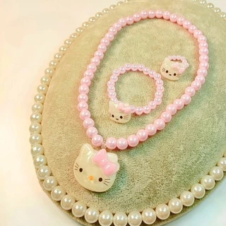 Bộ 3 Vòng cổ Mặt Hello Kitty, Hoa Đính Ngọc Trai Cho Bé Gái