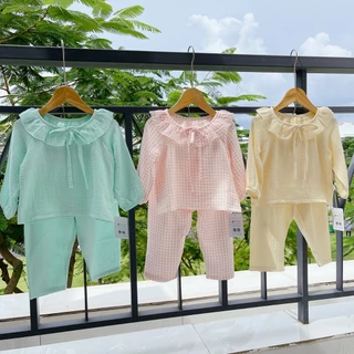 Pijama bé gái dài tay mặc ngủ điều hòa vải xô muslin Áo Lá Homewear A072, đồ ngủ trẻ em họa tiết caro màu trơn