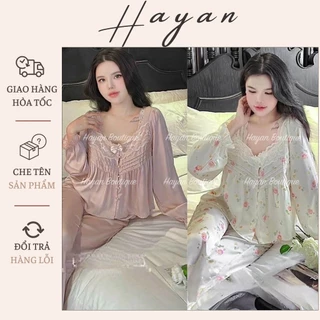 HT761 Bộ đồ ngủ lụa cao cấp hoa cúc ngọc LyLy, pijama dài tay phối ren tiểu thư hithot HT761