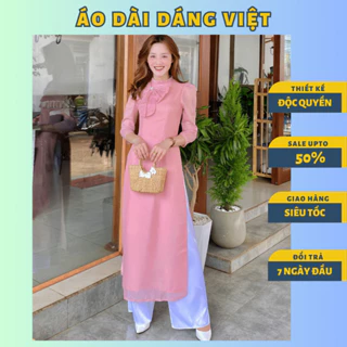 Áo dài cách tân 4 tà màu hồng ruốc đính nơ may sẵn chất liệu voan lụa cao cấp