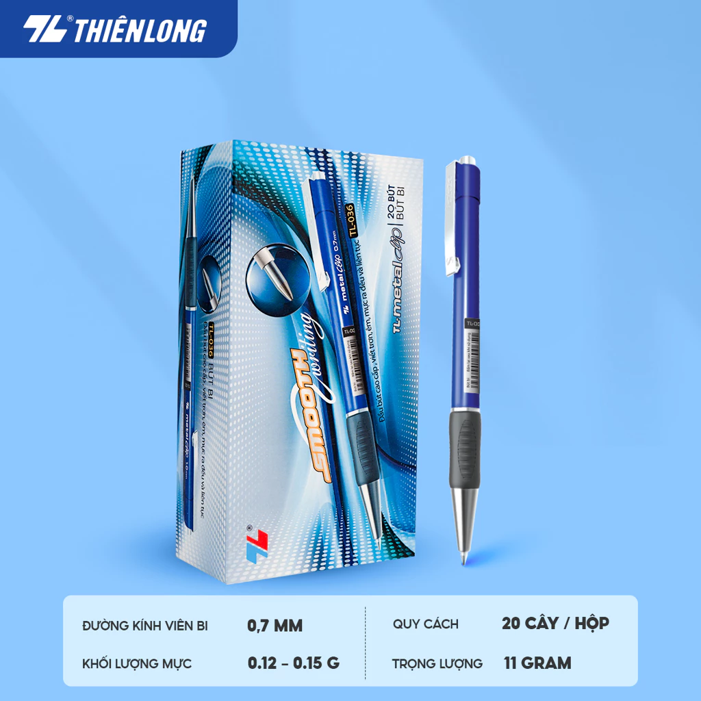 Combo Bút bi Thiên Long TL-036 giắt kim loại mạ crom đệm cầm tay cao su êm