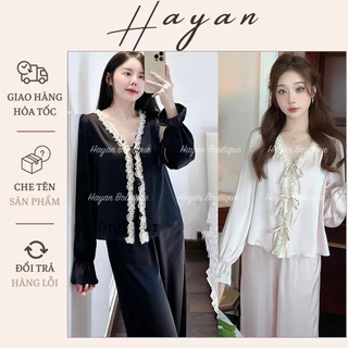 HT763 Bộ đồ ngủ lụa LyLy ren hoa nổi sang chảnh, pijama dài tay tay bèo tiểu thư hit hot HT763