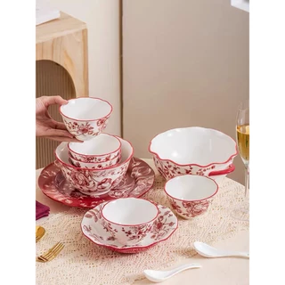 Bộ bát đĩa, bộ chén dĩa, bộ bàn ăn, bộ bát đĩa sứ hoa đỏ cổ điển sang trọng, chén đĩa sứ, bát đĩa sứ