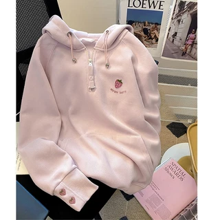 Áo hoodie màu hồng baby thêu hình quả dâu Strawberry màu trơn hai túi trước form dấu quần siêu xinh ulzzang