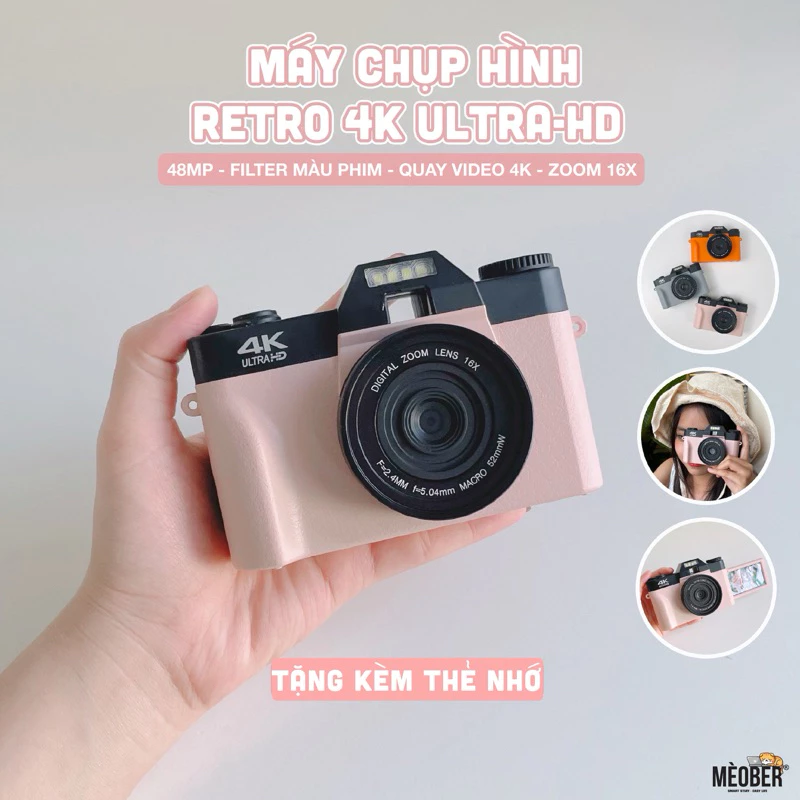 [Tặng thẻ nhớ] Máy Chụp Hình Retro 48MP Quay phim 4K UltraHD  - giả lập màu phim, quay video slow-mo, tích hợp wifi