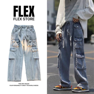 Quần Jean Túi Hộp Nổi Cargo Pants Nam Nữ Form Rộng Flex Store Màu Xanh - FL05