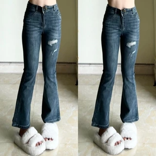 (Mẫu mới 2024) Quần jeans ống loe xước đùi Yến Tee,màu rêu đá bụi bặm xu hướng 2024