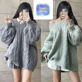 Áo Len Cổ Tim Xoắn Thừng Trơn Màu Pastel Dáng Dài Phom Rộng, Áo Len Cổ V Chất Vải Mềm Mại Phong Cách Hàn Quốc | Thảo Chi