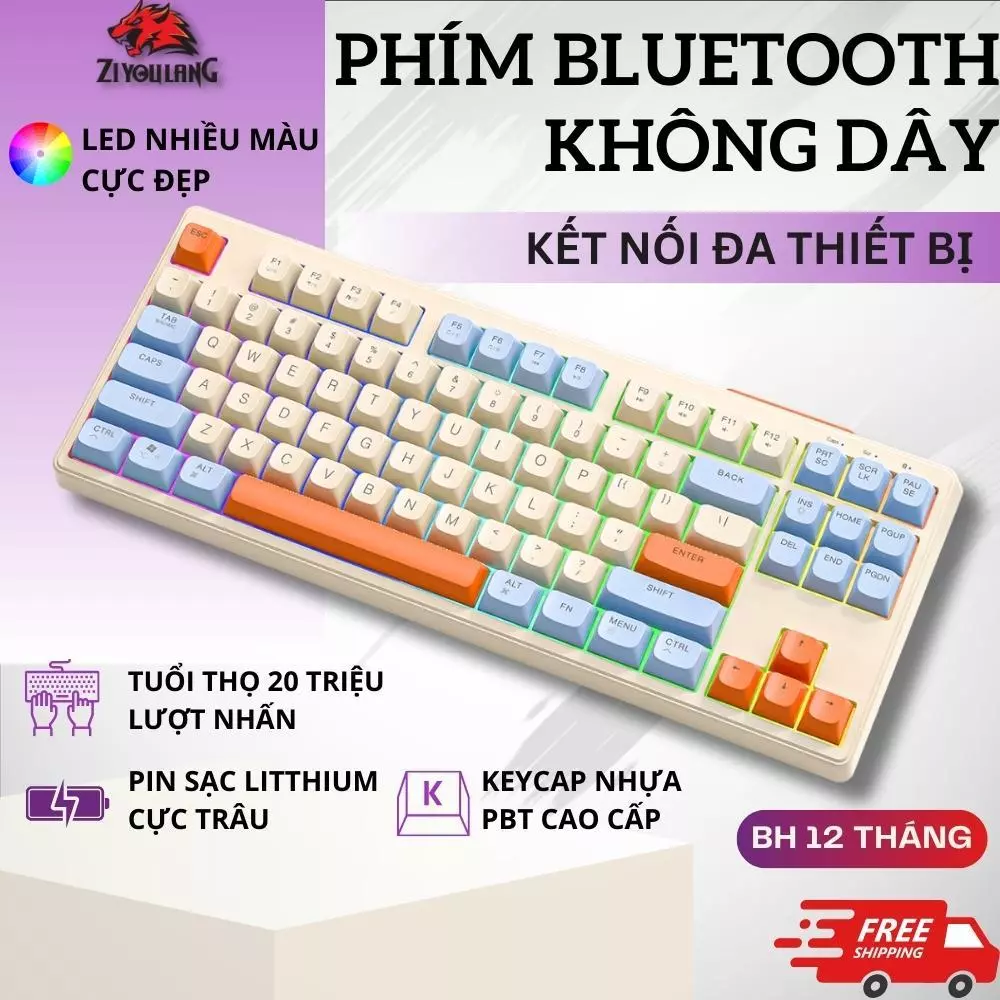 Bàn Phím Không Dây Silent Free Wolf M87 - Led 7 Màu, Phím PBT Cao Cấp, Tương Thích Với Mọi Thiết Bị