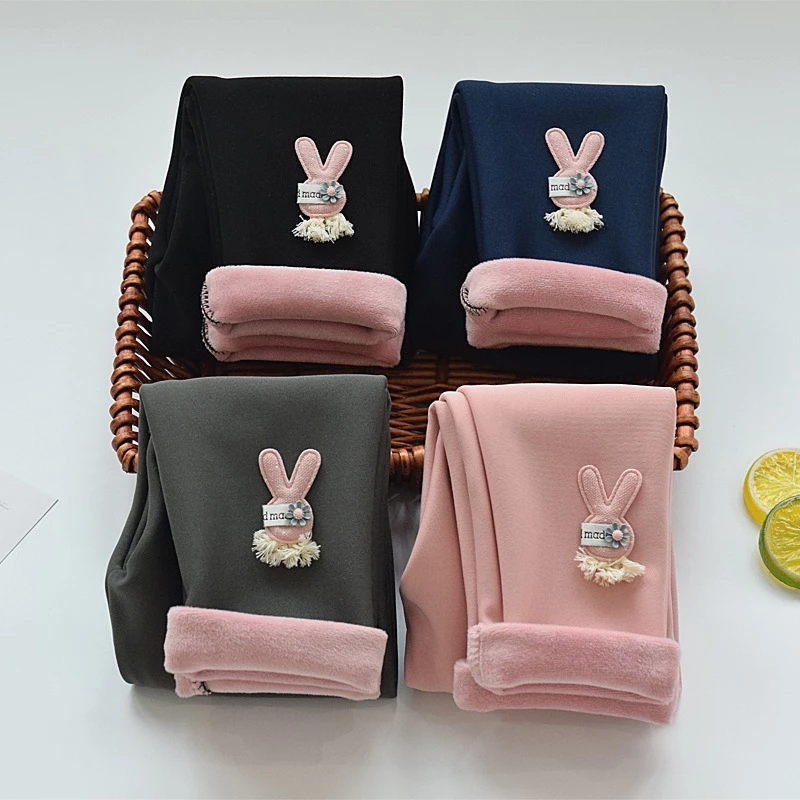 Quần quần lót lông cho bé, quần legging lót lông đính thỏ mặc thu đông ấm áp cho bé vải cotton nguyên chất lót nhung
