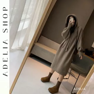 「ADELIA」Đầm Len Dáng Dài Chất Len Dệt 2 Màu Nâu Be Form Rộng Có Mũ Sau Cute TD221