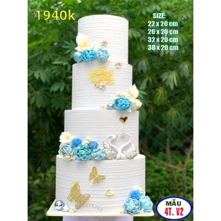 Bánh cưới 4 tầng hoa đá xanh , thiên nga bạc , mô hình bánh giả sang trọng , trưng bày trong tiệc cưới , nhà hàng