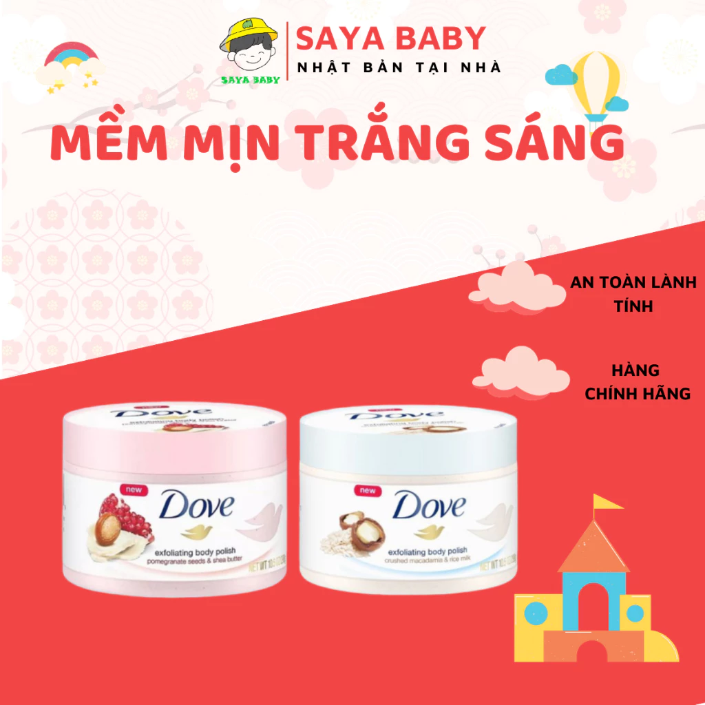 Tẩy da chết,  tế bào chết Dove body toàn thân bản Đức, ttbc xanh macca, lựu đỏ mềm mịn trắng da mờ thâm