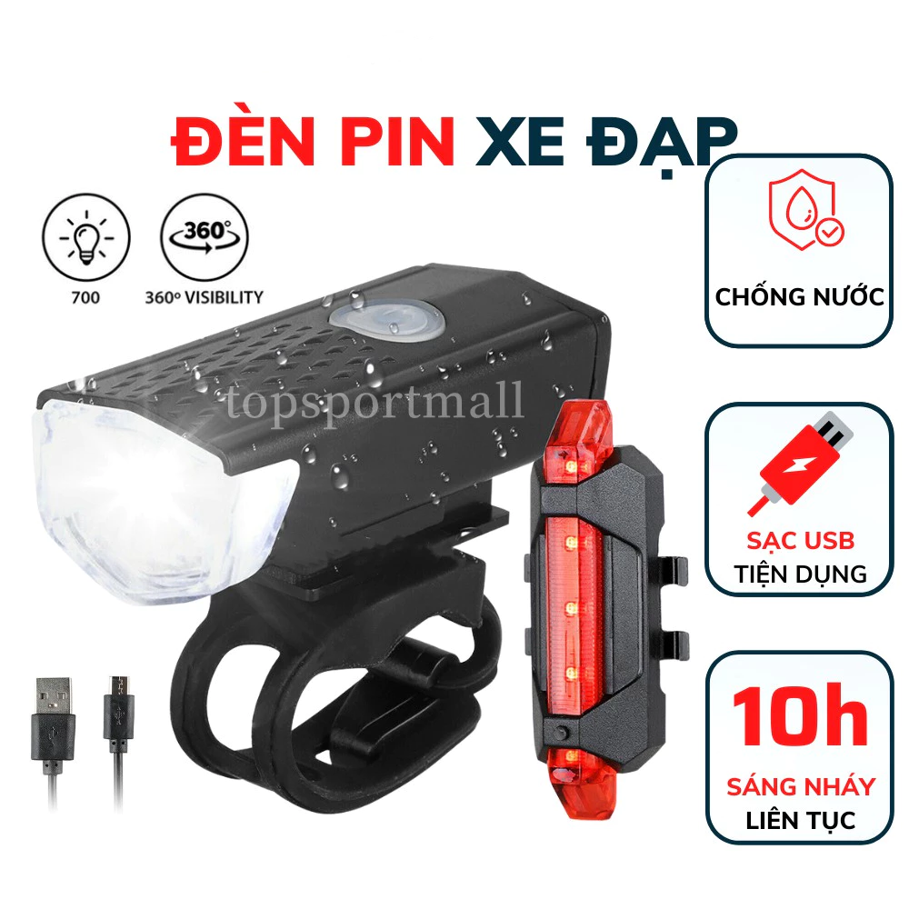(Combo 2đèn) Đèn xe đạp thể thao pin sạc 3chế độ,Đèn LED tín hiệu gắn đầu và đuôi xe đạp chuyên dụng
