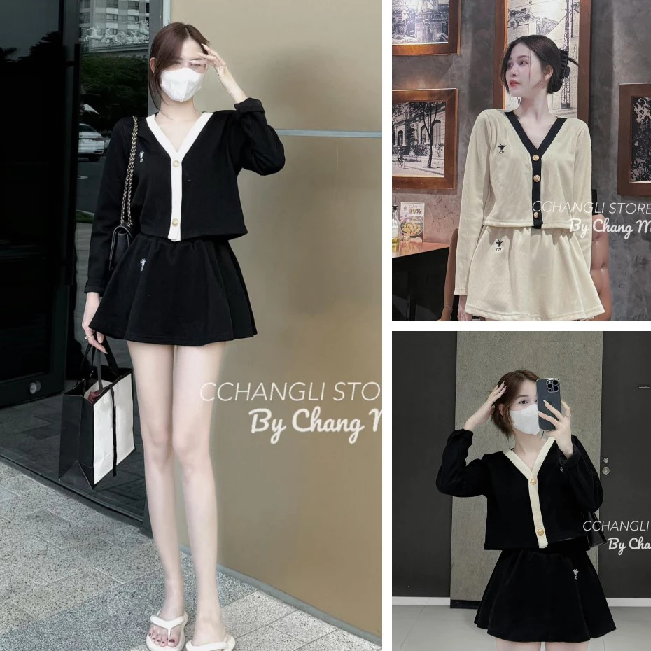 Set Đồ Nữ Áo Croptop Tay Dài Cổ Chữ V Chạy Viền Mix Chân Váy Ngắn Xếp Ly Với Hai Tone Màu Nhẹ Nhàng Xinh Xắn Siêu Hot