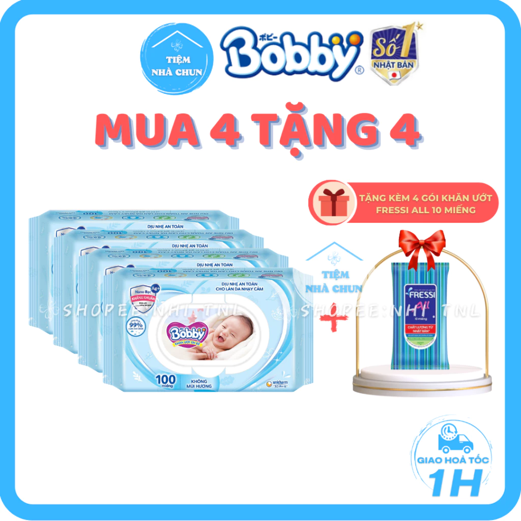 [KHĂN ƯỚT BOBBY] - Lốc 4 Gói 100 Miếng - Khăn Giấy Ướt Em Bé Bobby Care Không Mùi/ Không Hương  (Bobby Xanh) - NHI.TNL