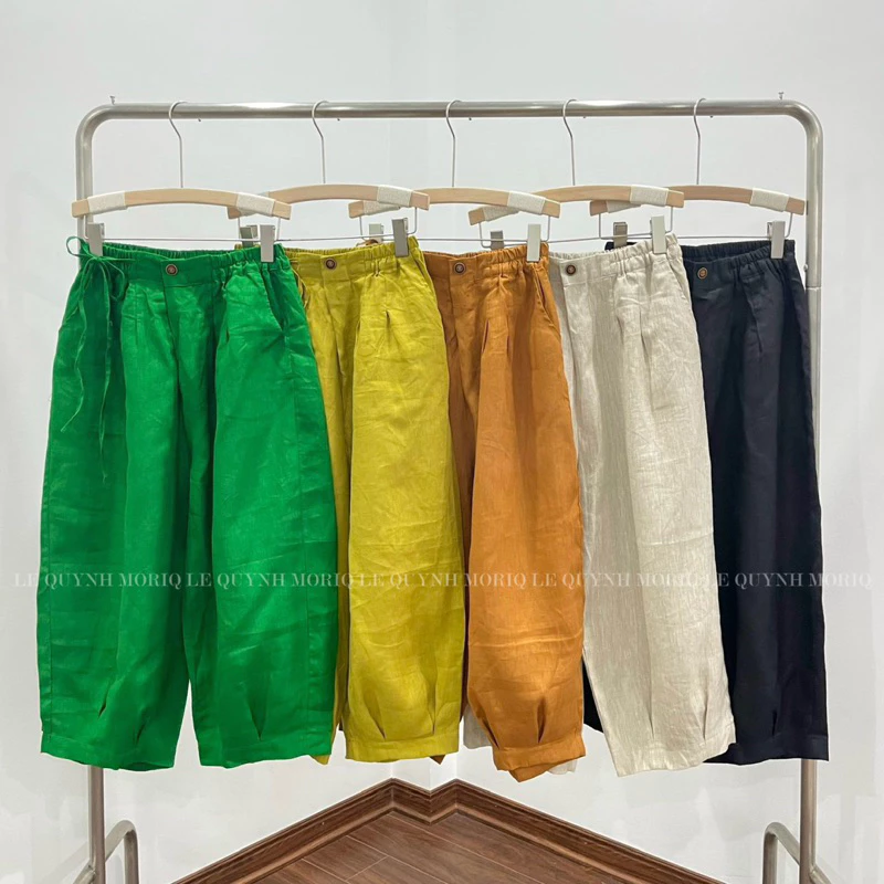 Quần linen dáng lửng ống bom buộc nơ eo LE QUYNH MORIQ