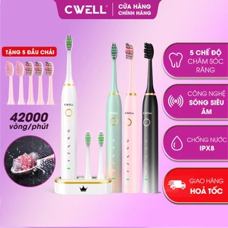 Bàn chải điện CWELL S1 PRO, 5 chế độ đánh răng tự động, tặng kèm 5 đầu bàn chải chống nước IPX8 đa năng