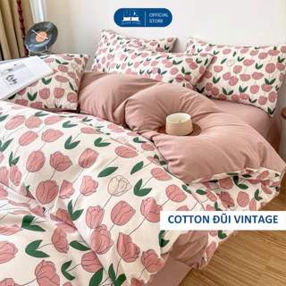 Bộ 4 món Cotton Đũi hoa vintage họa tiết màu hot trend mềm mịn thoáng nhẹ cao cấp phong cách Hàn Quốc decor phòng ngủ