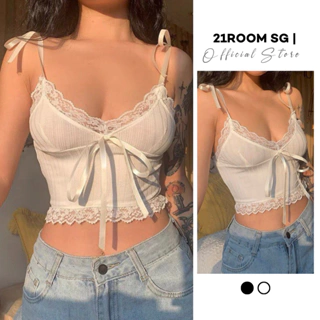 A110 Áo Hai Dây Nữ Croptop Phối Viền Ren Trắng Đen Mix Nơ Ngực Quyến Rũ Sexy Mặc Nhà Đi Chơi 21ROOM