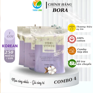 Bông tẩy trang Hàn Quốc Bora 250 miếng vuông, combo 4 gói