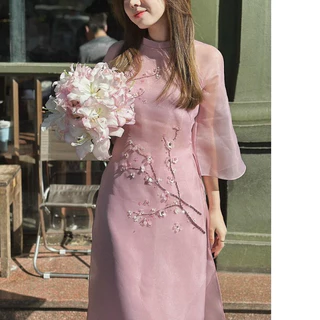 Áo dài cách tân nữ hồng thêu hoa mùa xuân, áo dài truyền thống dự tết lễ tiệc du xuân