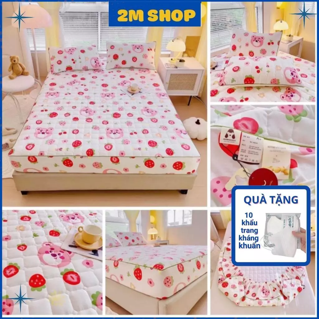 [ Tặng 10 khẩu trang ] Ga giường và 2 vỏ gối trần xơ đậu nành bo chun, ga trải giường cotton cao cấp thấm hút 30x50cm