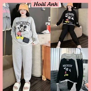 Set Bộ Đò Nỉ Mickey Đứng Áo Nỉ Ngoại Trần Bông Phối Gấu Trắng Mix Quần Dáng Dài Boom Gấu Freesize