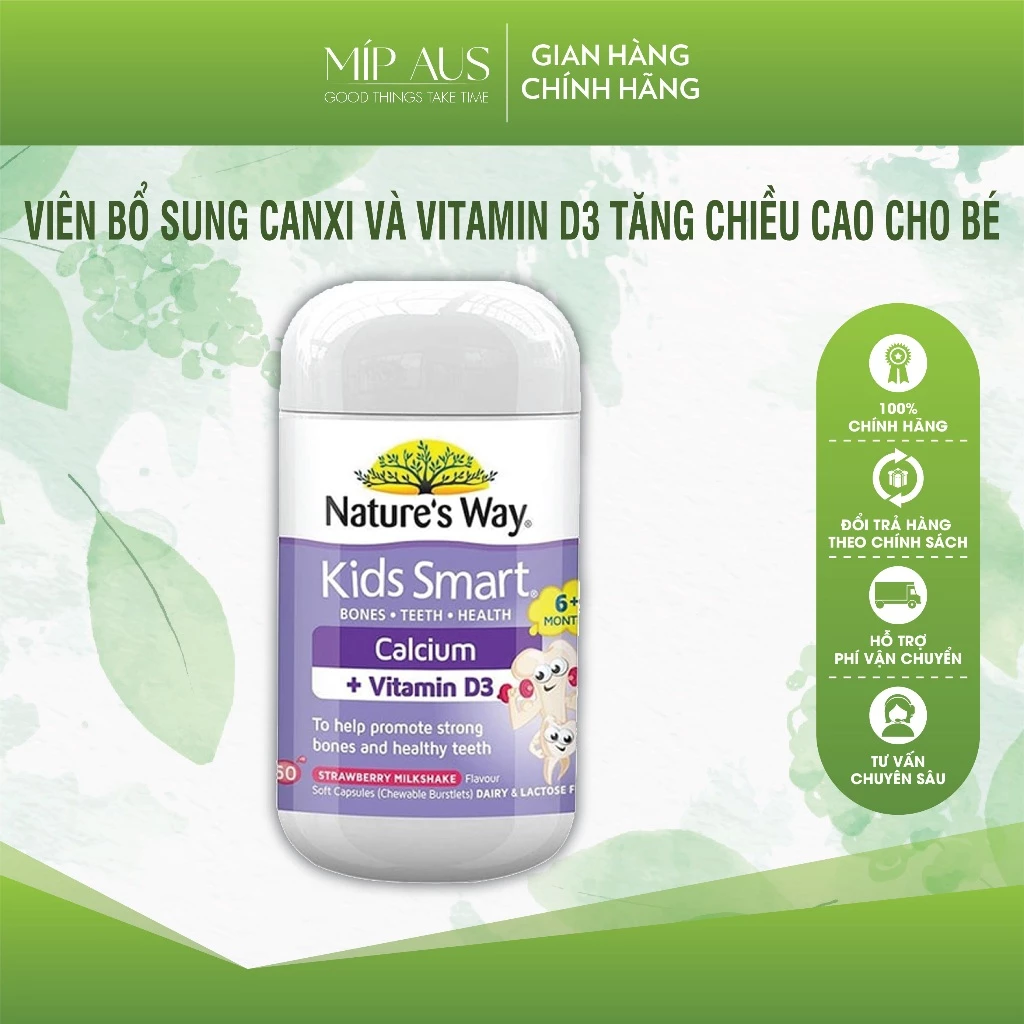 Viên Nhai Cho Bé Nature’s Way Kids Smart Calcium + Vitamin D3 Burstlets Bổ Sung Canxi, Tăng Chiều Cao Cho Bé - 50 viên