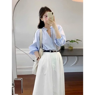 Set váy nữ thời trang mặc đi chơi áo sơmi chất lụa cổ trụ tay dài mix chân váy tuyết mưa maxi xoè kèm nịt