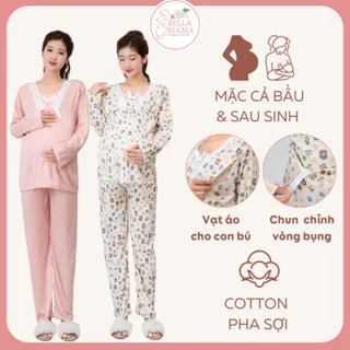 Bộ Bầu Mặc Nhà Đồ Bầu Sau Sinh Vạt Mở Cho Con Bú Và Chun Chỉnh Bụng Chất Liệu 85% Cotton Pha Sợi Bella Mama BN13