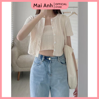 Set áo thun len dáng croptop kèm áo 2 dây màu be Mai Anh Clothing