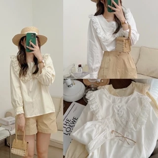 Áo babydoll cổ bèo ren, áo sơ mi nữ khuy bọc cực xinh vintage by Cimie Closet