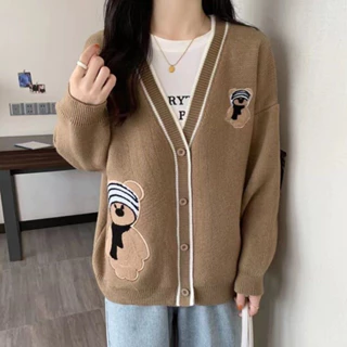 Áo khoác len cardigan , áo khoác cardigan màu kem màu nâu dáng dài thêu gấu vải len dệt kim QCCC Loại 1 ulzzang Larosa