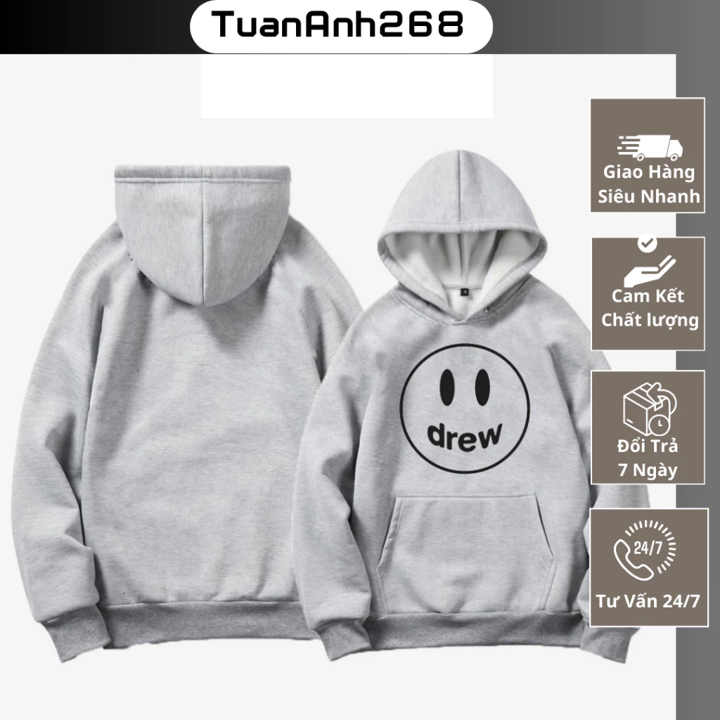 áo Hoodie Mặt Cười Nỉ Bông form rộng unisex, Hoodie dáng rộng dài tay, phong cách thể thao đường phố