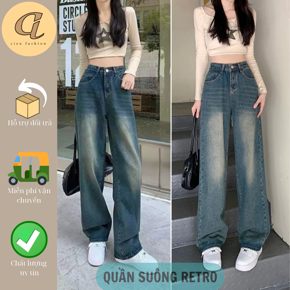 Quần jeans ống rộng nữ Cạp cao Màu Xanh RETRO Chất jeans dày dặn Hottrend 2023 từ 40-58kg