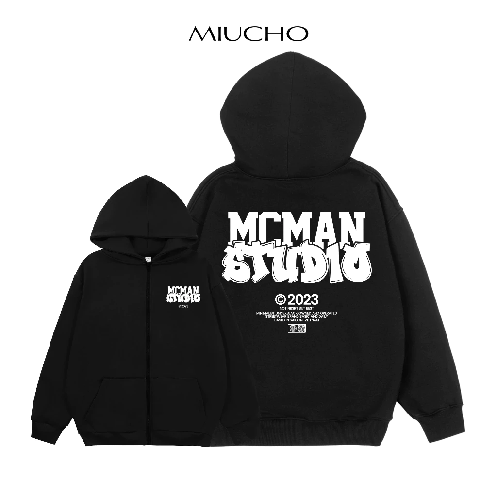 Áo hoodie zip nam form rộng HZD475 Miucho chân cua in typography