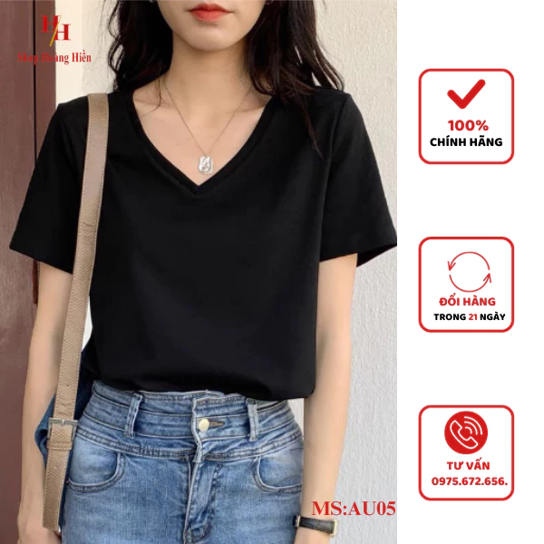 Áo thun nữ cổ tim cộc tay, áo phông trơn vải cotton 100%. Hifa Shop Hoàng Hiền MS: AU05