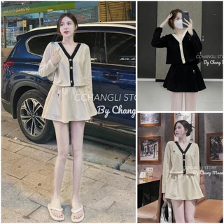 Set Áo Len cardigan Croptop Tay Dài Chạy Viền Xinh xắn Mix Chân Váy Xếp Ly Dáng Ngắn 2 Tone Màu Trắng, Đen Basic XInh