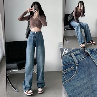 Quần Jeans Nữ Ống Suông Trơn Lai Cuốn