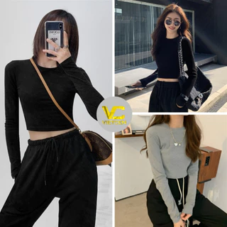 Áo Thun Croptop Cổ Tròn Dài Tay Dáng Ôm Body, Croptop Tay Dài Cổ Tròn Vải Co Giãn Màu Trơn Basic Trẻ Trung VIETCEN