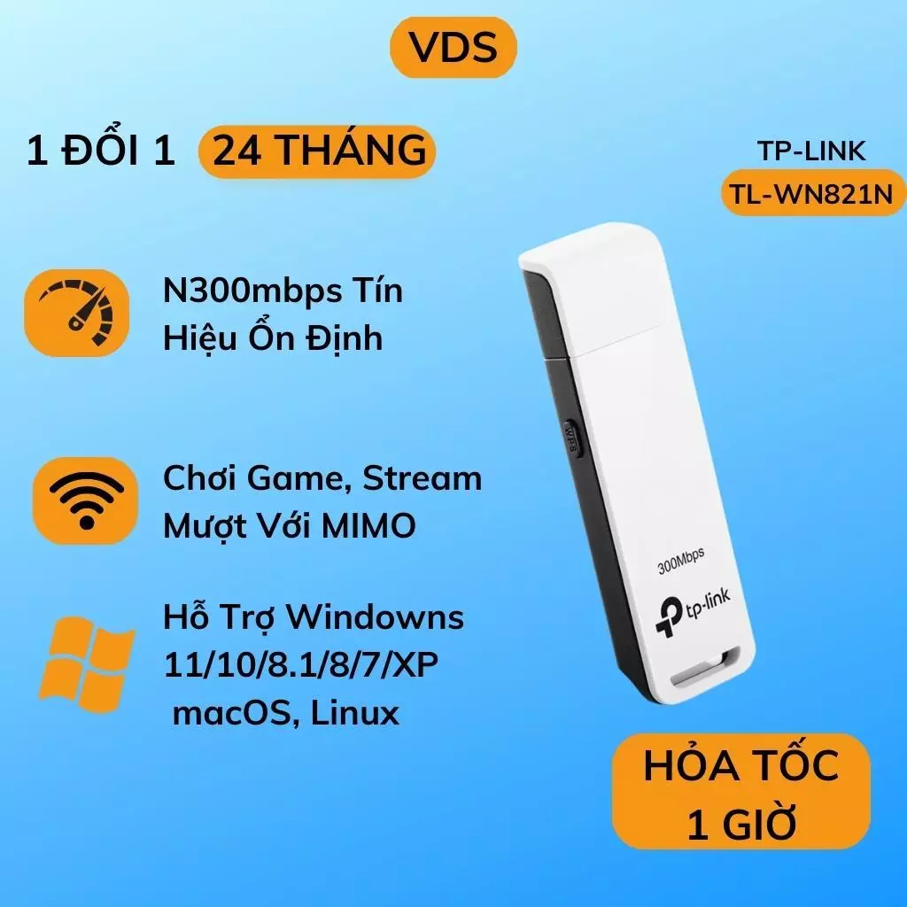 USB Wifi TP Link TL-WN821N Chuẩn N 300Mbps - Usb thu wifi cho pc laptop chính hãng TPLink - VDS Shop